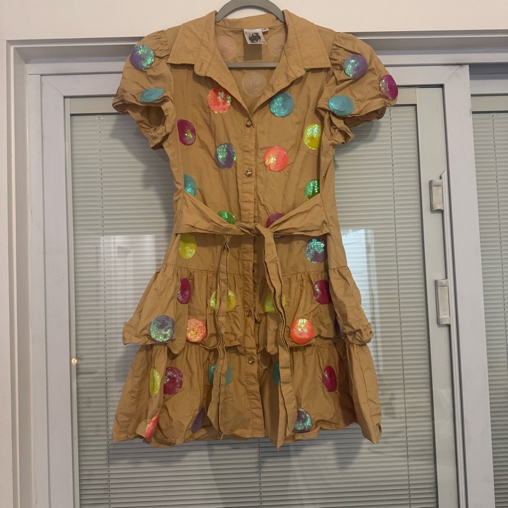 Queen of Sparkles dress. Tan with polka dots